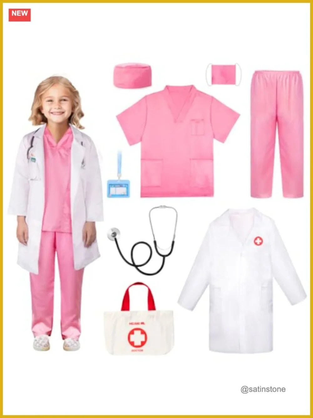 Doctor Costume Set for Kids 3-10 Pretend Play Career Dress Up with Bag